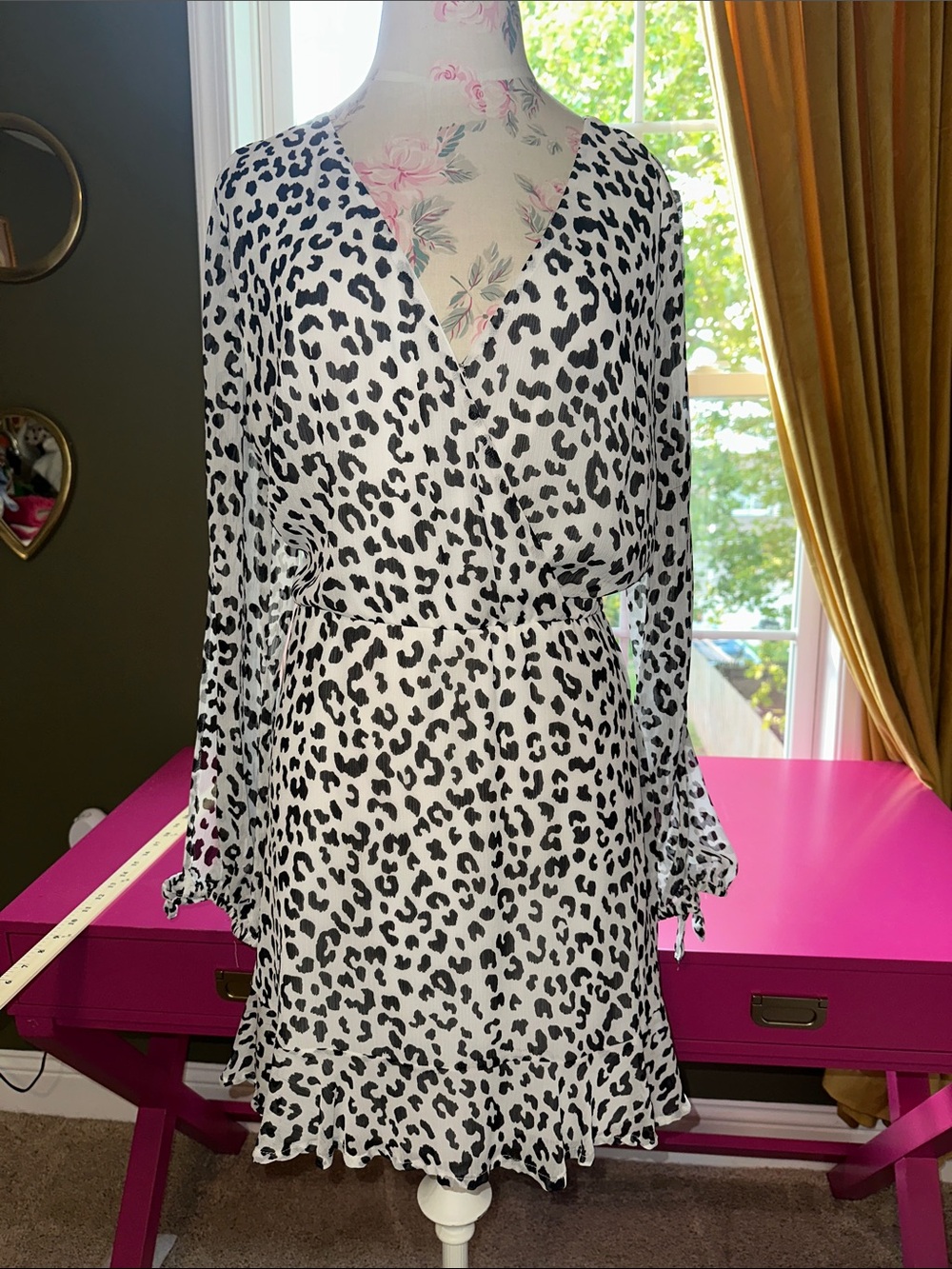 Black and White Leopard Print Mini Dress - V-Neck, Long Sleeve